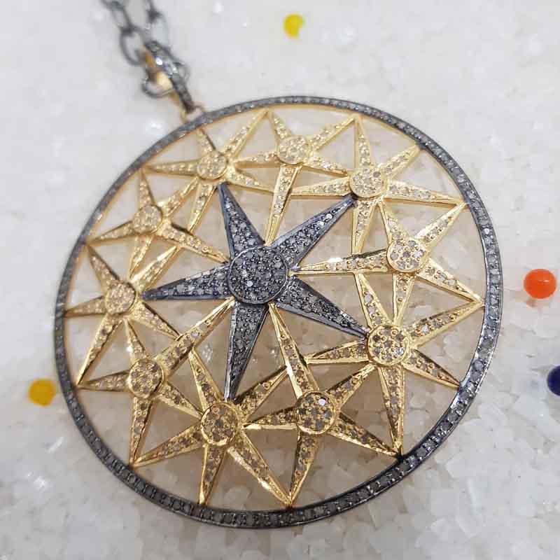 Yellow And Black Stunning Round Starburst Pave Diamond Pendent