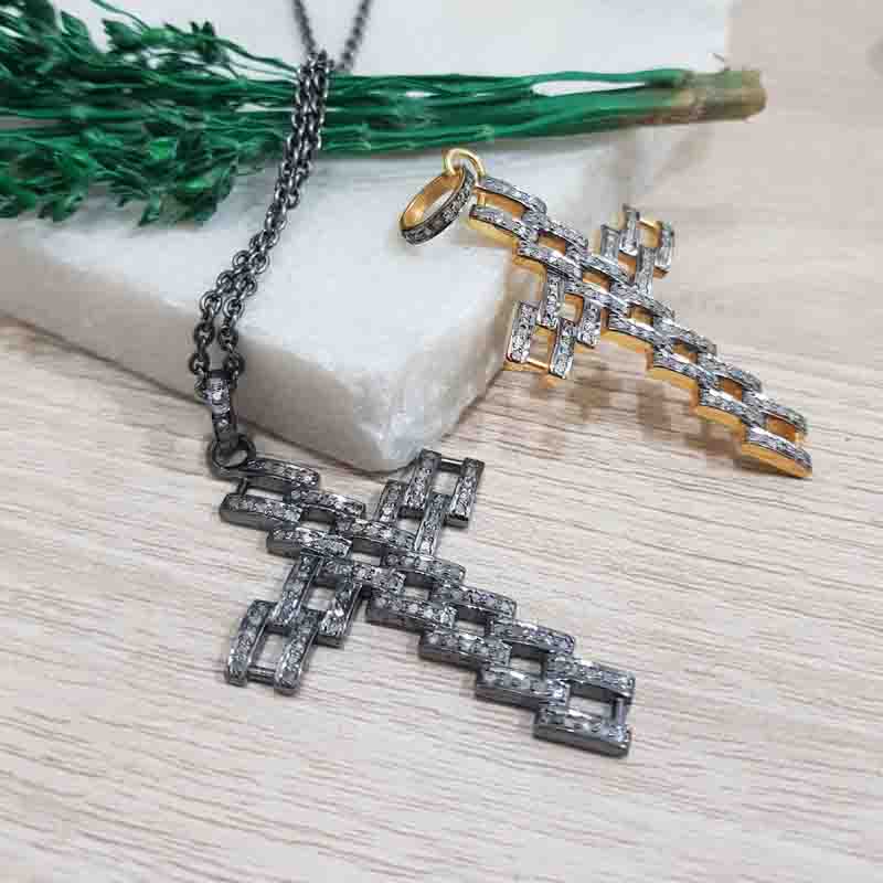 Fancy Designer Pave Diamond 925 Sterling Silver Cross Pendent