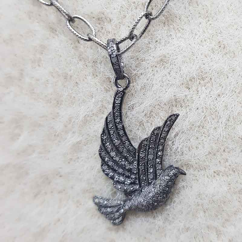 Black Beautiful Little Bird Pave Diamond 925 Sterling Silver Pendent