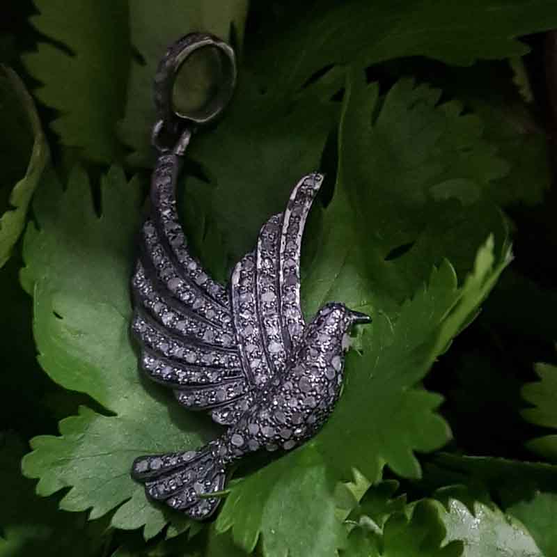 Black Beautiful Little Bird Pave Diamond 925 Sterling Silver Pendent