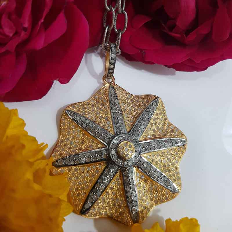 Stunning Flower Designed Pave Diamond 925 Sterling Silver Pendent