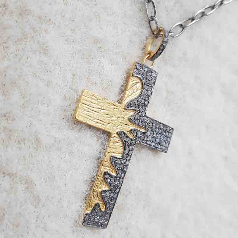 Yellow And Black Fancy Style Cross Pendent With Pave Diamond layers