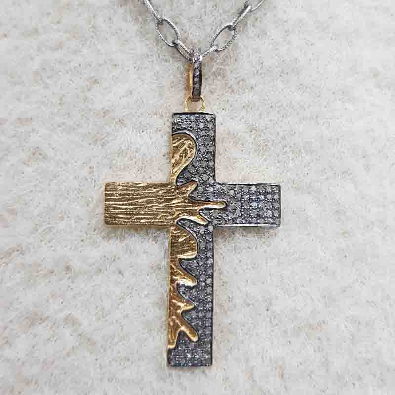 Yellow And Black Fancy Style Cross Pendent With Pave Diamond layers