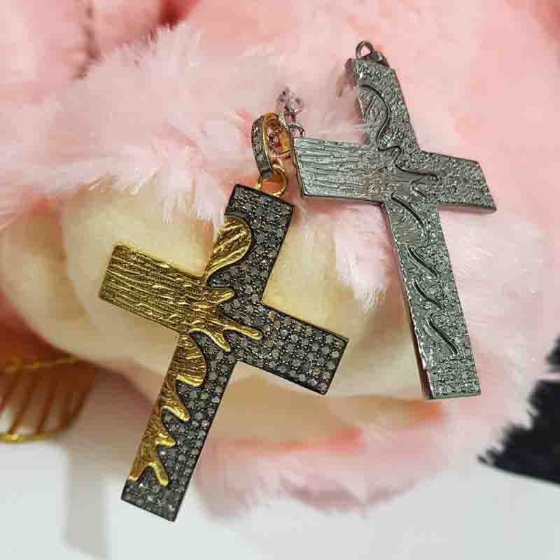 Yellow And Black Fancy Style Cross Pendent With Pave Diamond layers