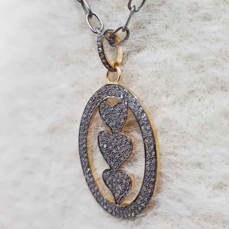 3 Joined Heart Oval shaped Pave Diamond silver Pendent