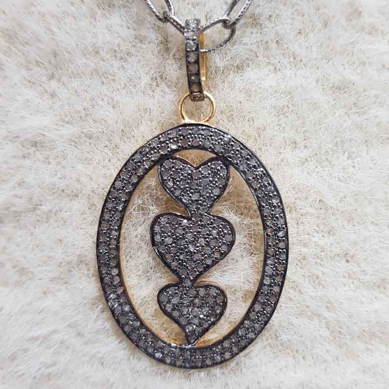 3 Joined Heart Oval shaped Pave Diamond silver Pendent