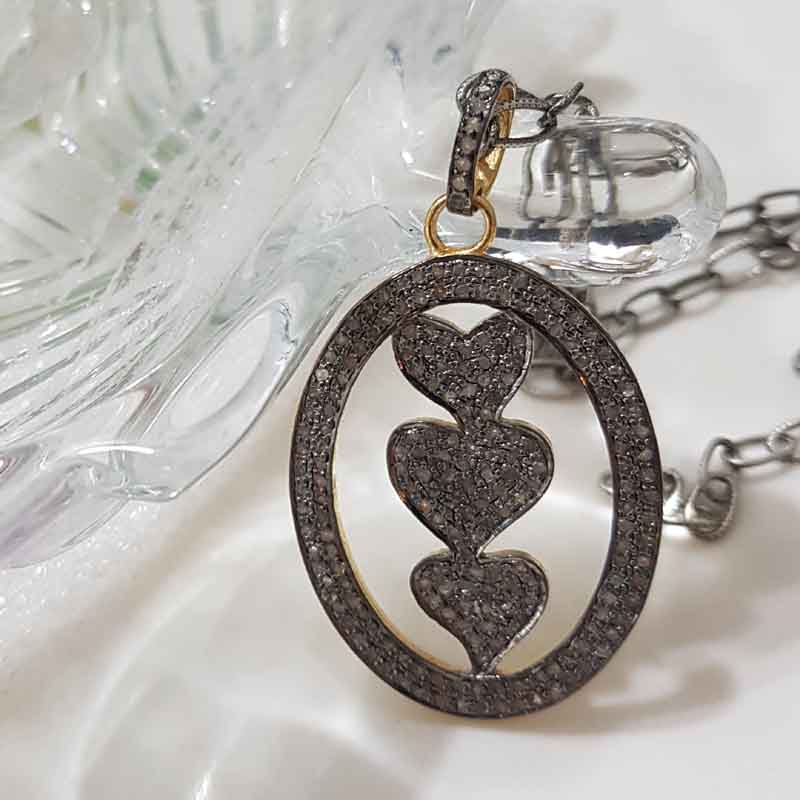 3 Joined Heart Oval shaped Pave Diamond silver Pendent