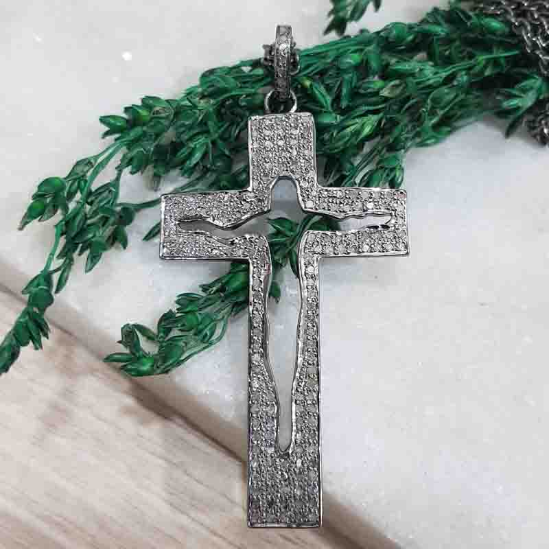 Jesus Cross Designer Pave Diamond Silver Pendent