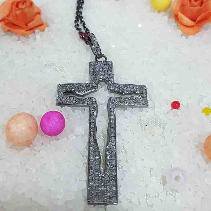 Jesus Cross Designer Pave Diamond Silver Pendent