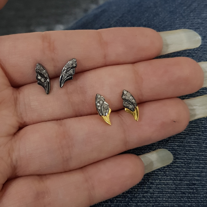 Feather Designed Small Beautiful Pave Diamond Earrings/Stud