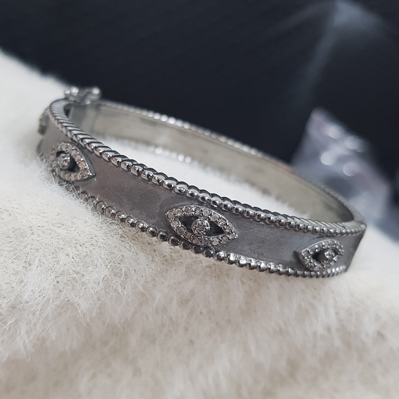 Matte Finish Designer Black Beautiful Evil Eye Designer Pave Diamond Silver bangle