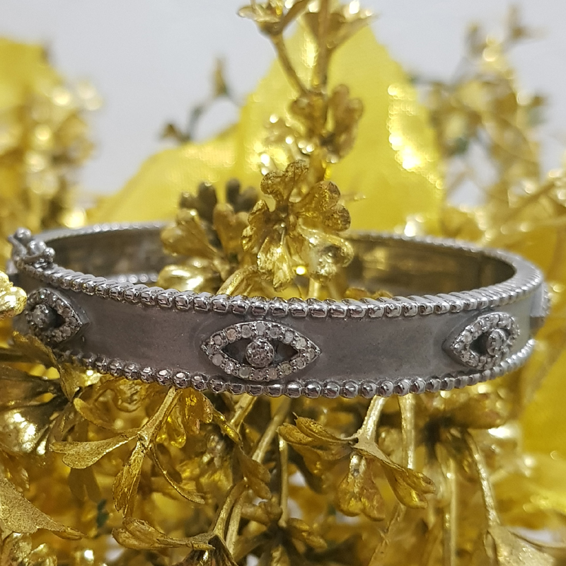 Matte Finish Designer Black Beautiful Evil Eye Designer Pave Diamond Silver bangle