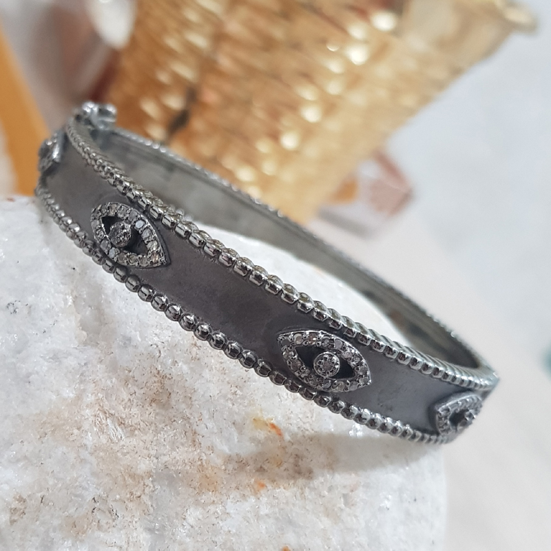 Matte Finish Designer Black Beautiful Evil Eye Designer Pave Diamond Silver bangle