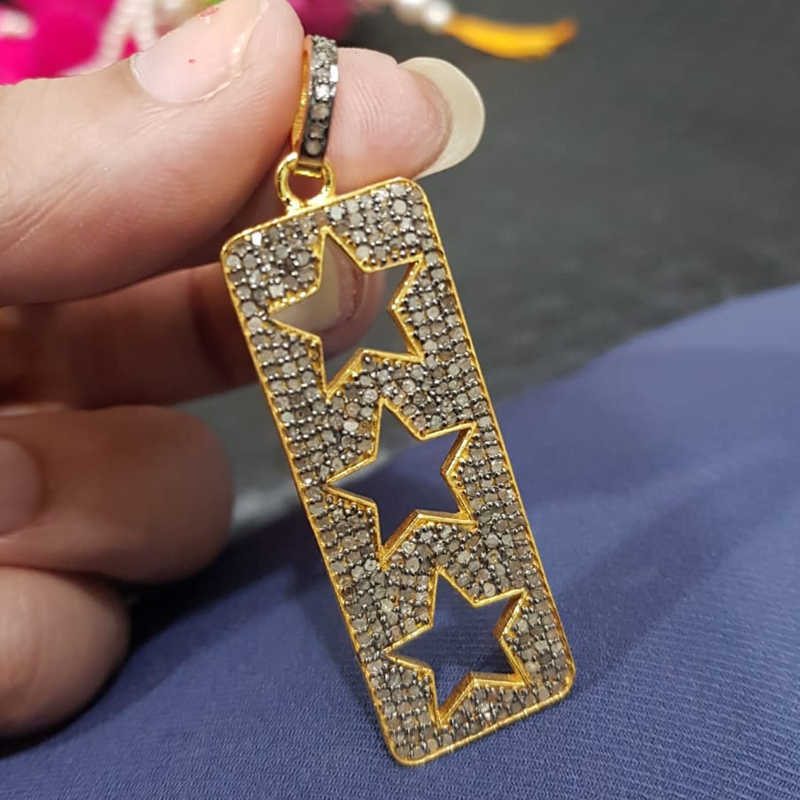 Two Tone  Pave Tag Pendant With 3 Open Stars