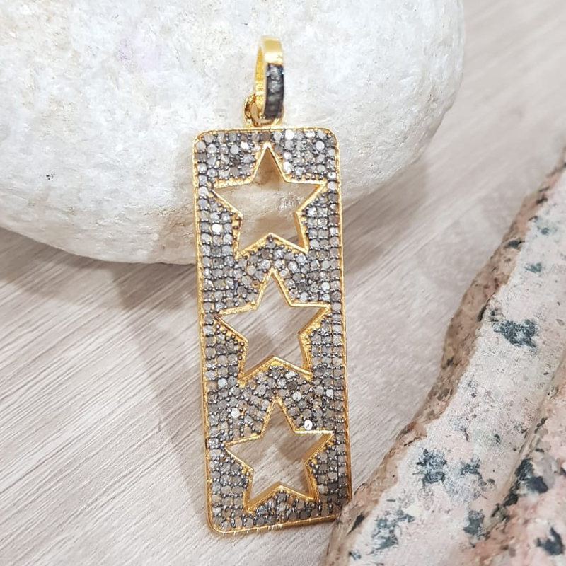 Two Tone  Pave Tag Pendant With 3 Open Stars