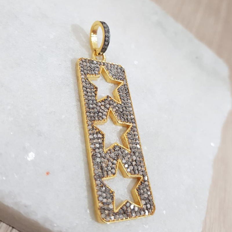 Two Tone  Pave Tag Pendant With 3 Open Stars