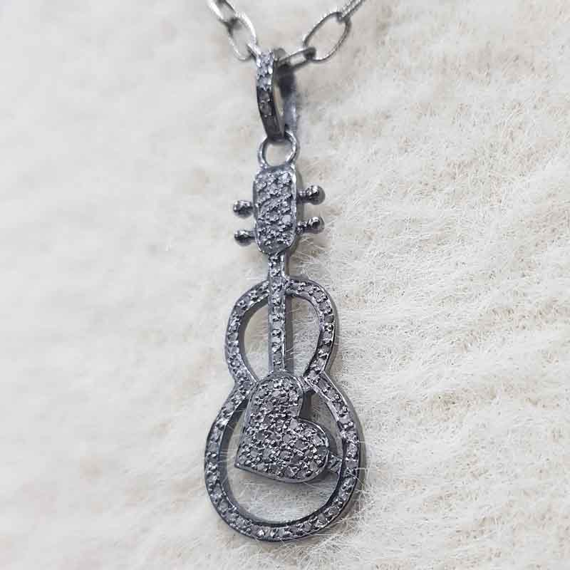 Guitar With Heart Pave Diamond Handmade Designer Pendent