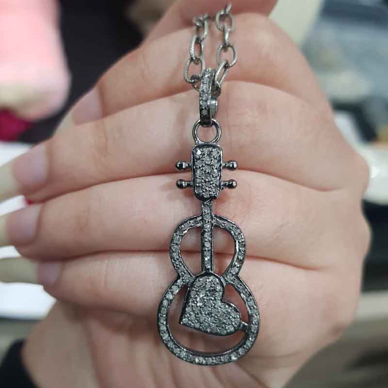 Guitar With Heart Pave Diamond Handmade Designer Pendent