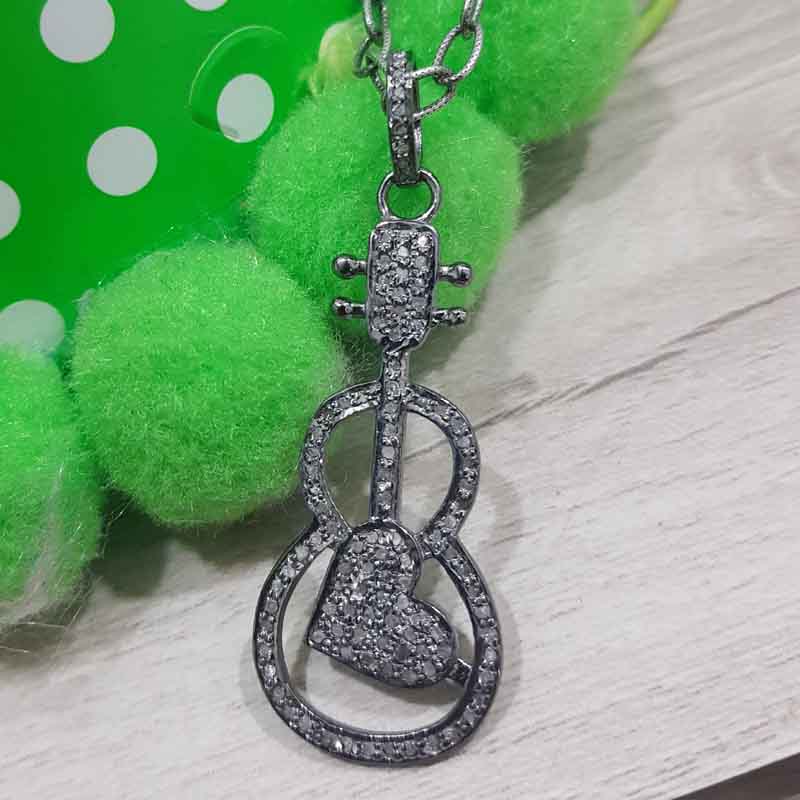 Guitar With Heart Pave Diamond Handmade Designer Pendent