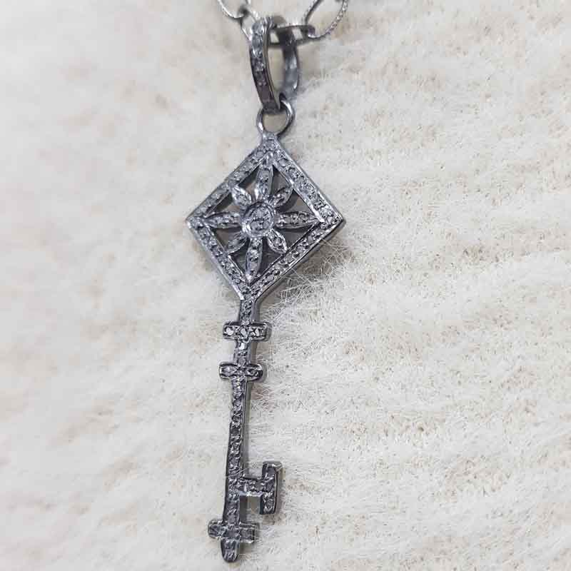 Fancy Designer Pave Diamond 925 Sterling Silver Key Pendent