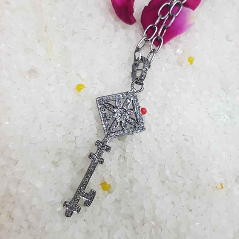 Fancy Designer Pave Diamond 925 Sterling Silver Key Pendent