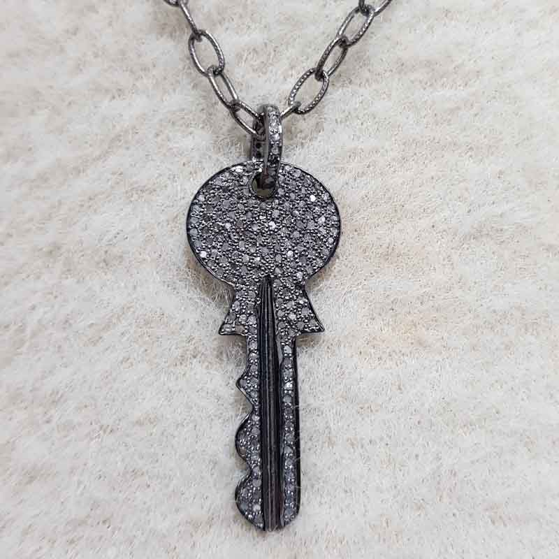 Stunning Key Shape Pave Diamonds Silver Pendent