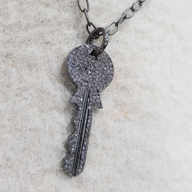 Stunning Key Shape Pave Diamonds Silver Pendent