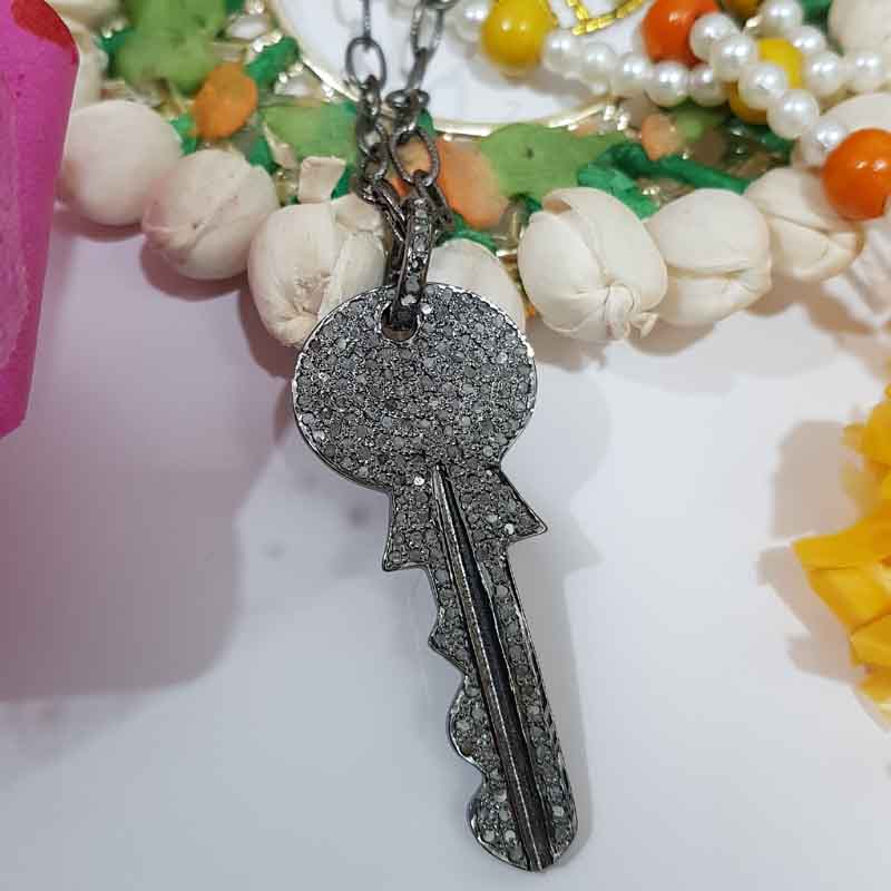 Stunning Key Shape Pave Diamonds Silver Pendent