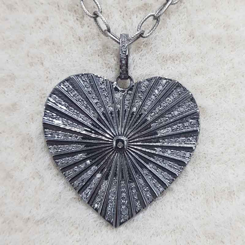 925 Solid Sterling Silver Natural Pave Diamond Heart Pendent