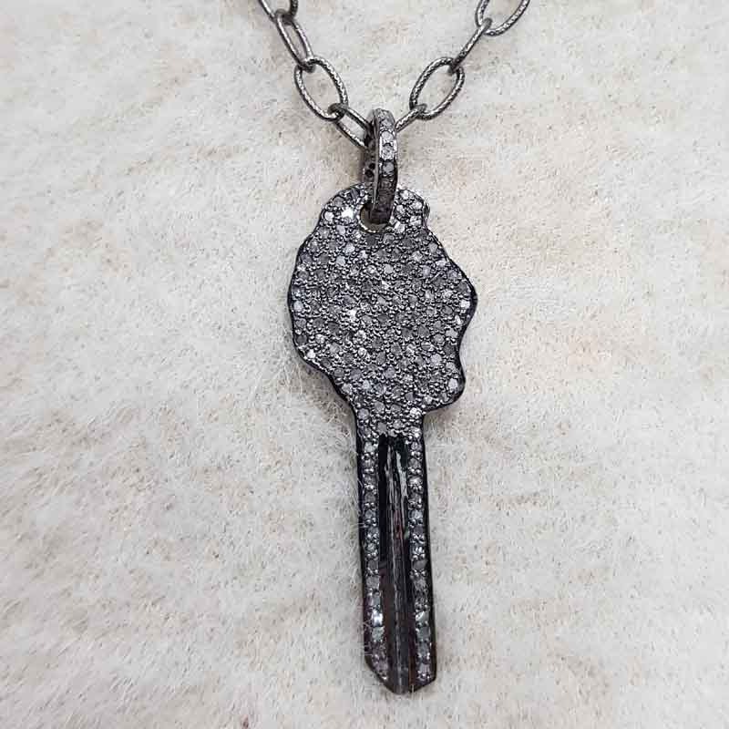 925 Solid Sterling Silver Pave Diamond Key Pendant