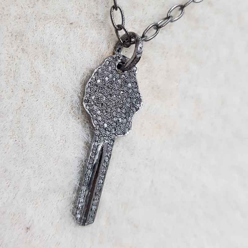 925 Solid Sterling Silver Pave Diamond Key Pendant