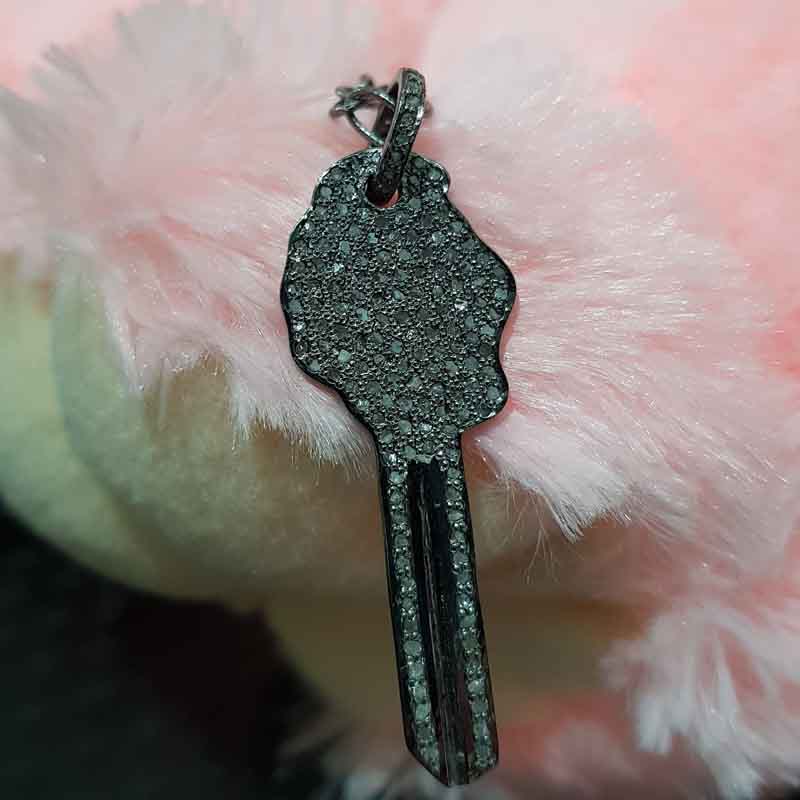 925 Solid Sterling Silver Pave Diamond Key Pendant