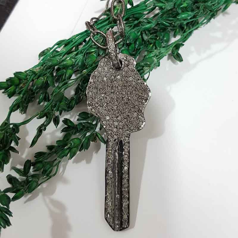 925 Solid Sterling Silver Pave Diamond Key Pendant