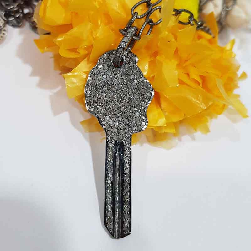 925 Solid Sterling Silver Pave Diamond Key Pendant