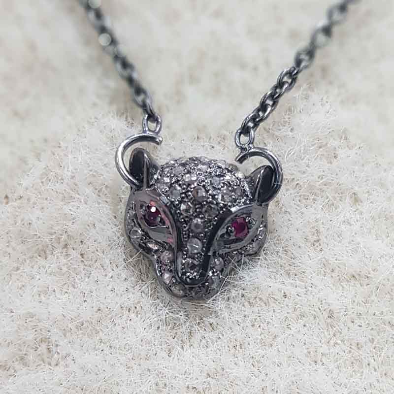 925 Sterling Silver Two Tone Pave Diamond Lion Pendent