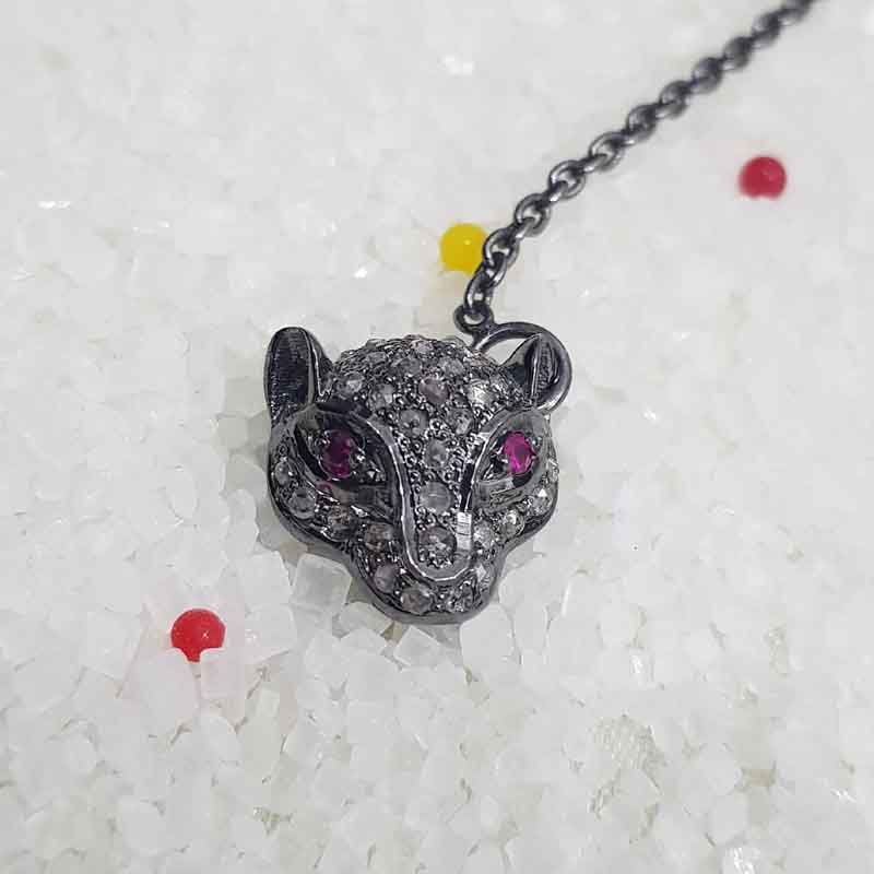 925 Sterling Silver Two Tone Pave Diamond Lion Pendent