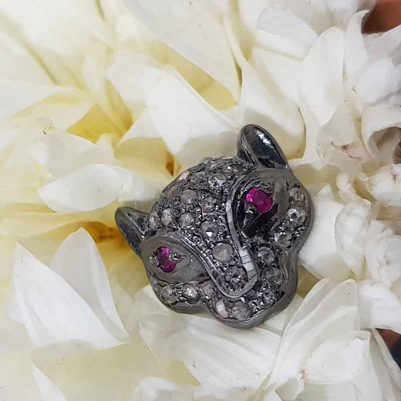 925 Sterling Silver Two Tone Pave Diamond Lion Pendent