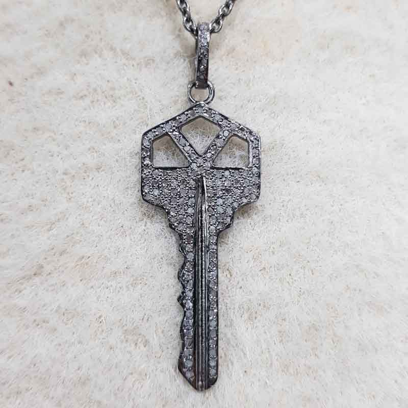 Beautifully 925 Sterling Pave Diamond Silver Key Pendant