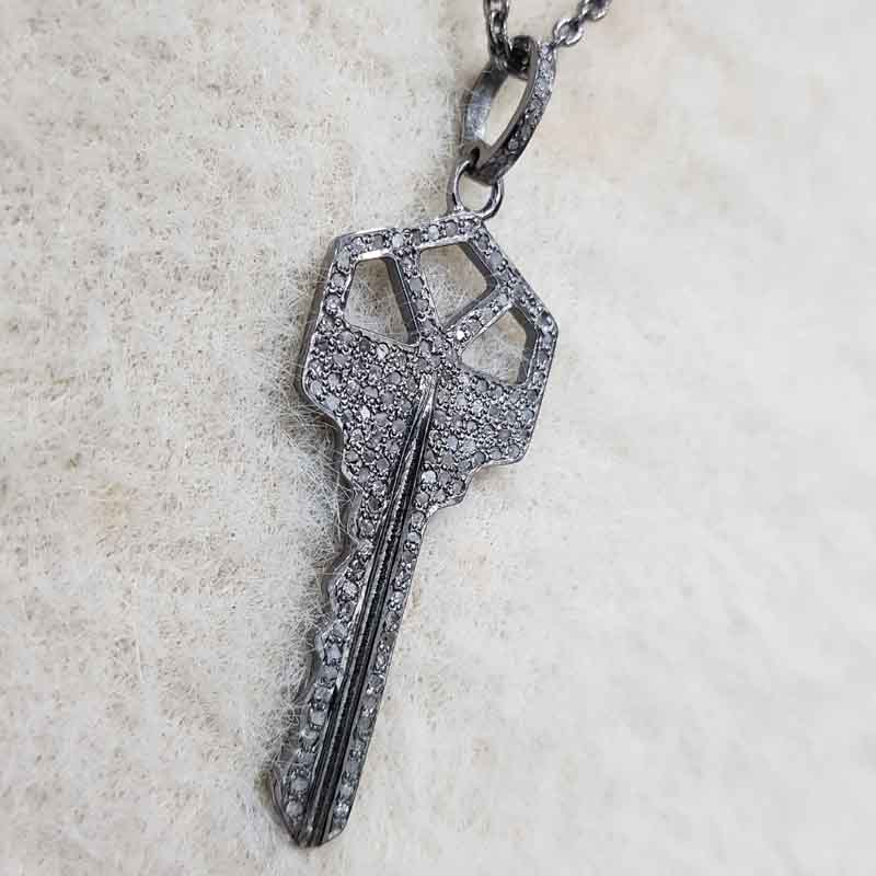 Beautifully 925 Sterling Pave Diamond Silver Key Pendant