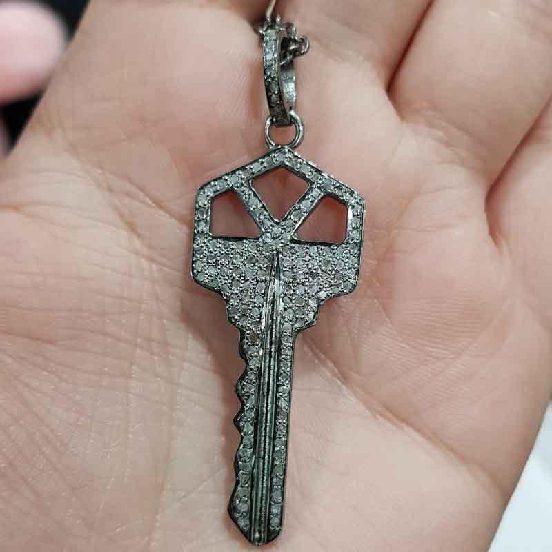 Beautifully 925 Sterling Pave Diamond Silver Key Pendant