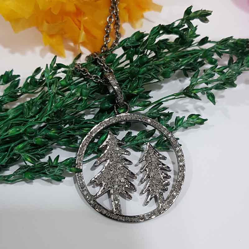 Charming Round Tree Style Pave Diamond Silver Pendent