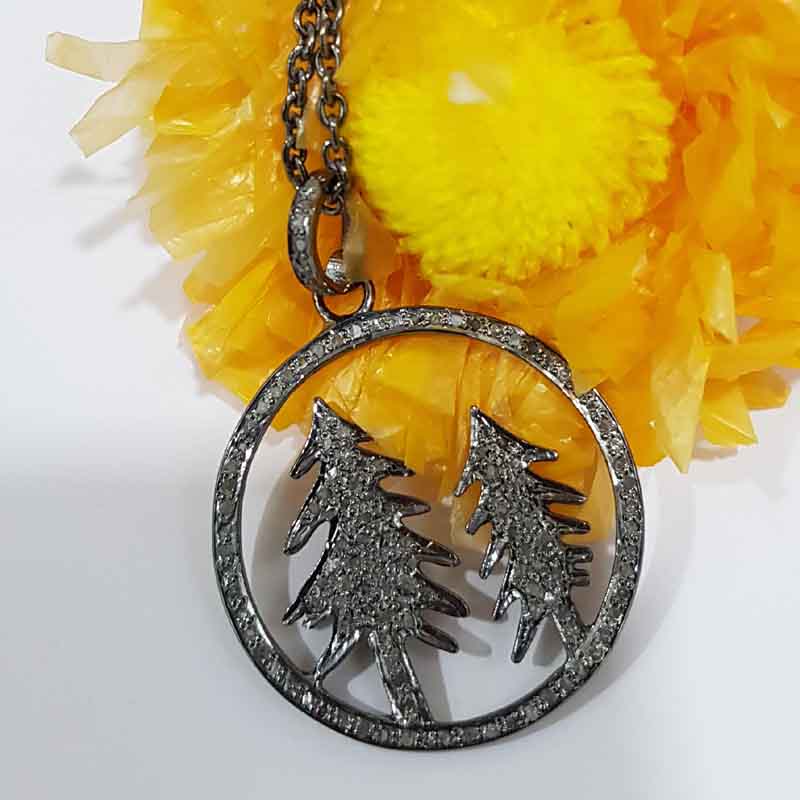 Charming Round Tree Style Pave Diamond Silver Pendent