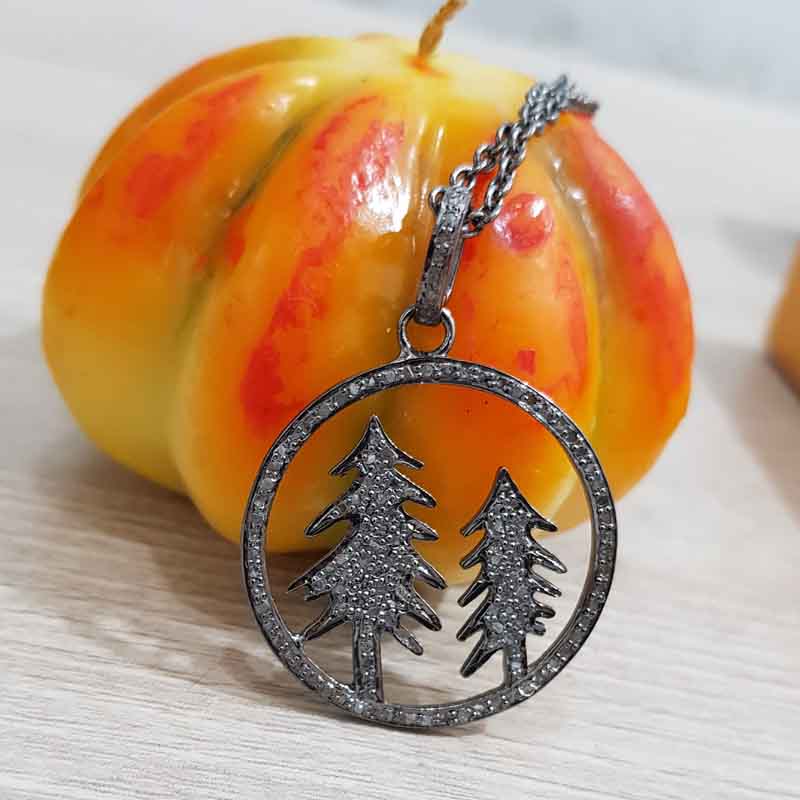 Charming Round Tree Style Pave Diamond Silver Pendent