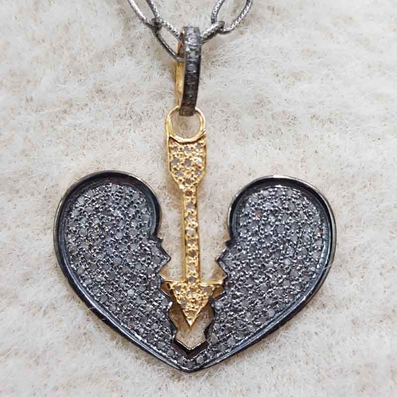 Heart Break Natural Pave Diamond Silver Pendent