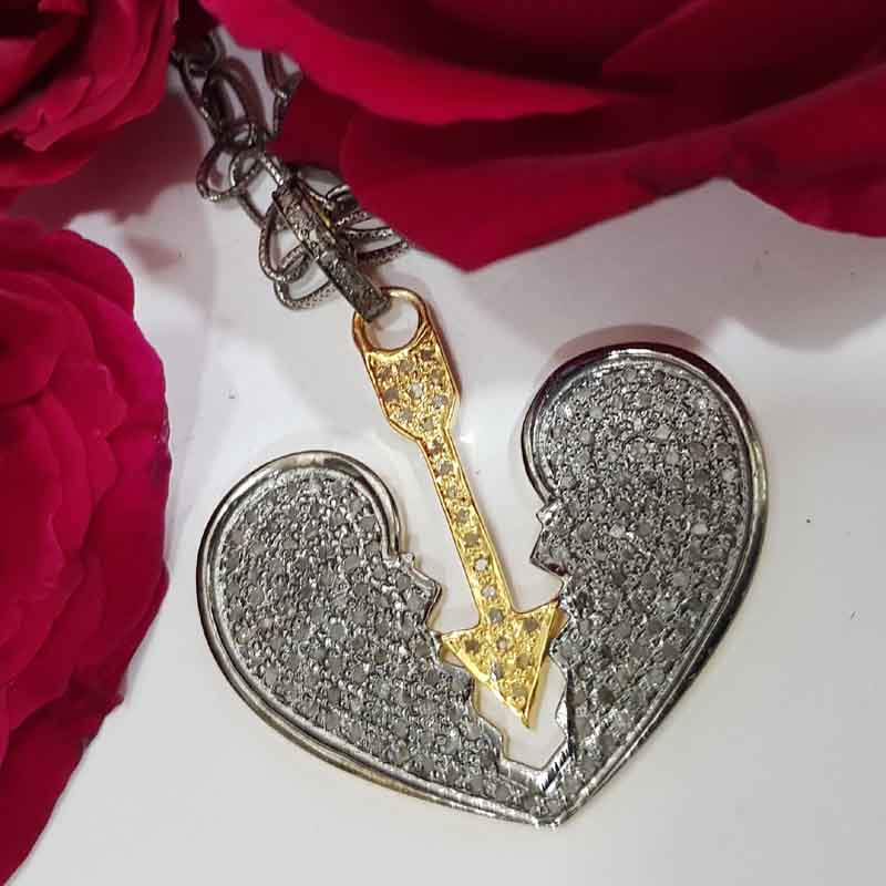 Heart Break Natural Pave Diamond Silver Pendent