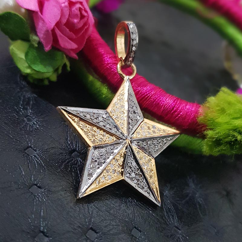 Two Tone Fancy Designer 925 Sterling Silver Pave Diamond Star Pendant