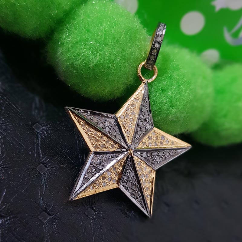 Two Tone Fancy Designer 925 Sterling Silver Pave Diamond Star Pendant