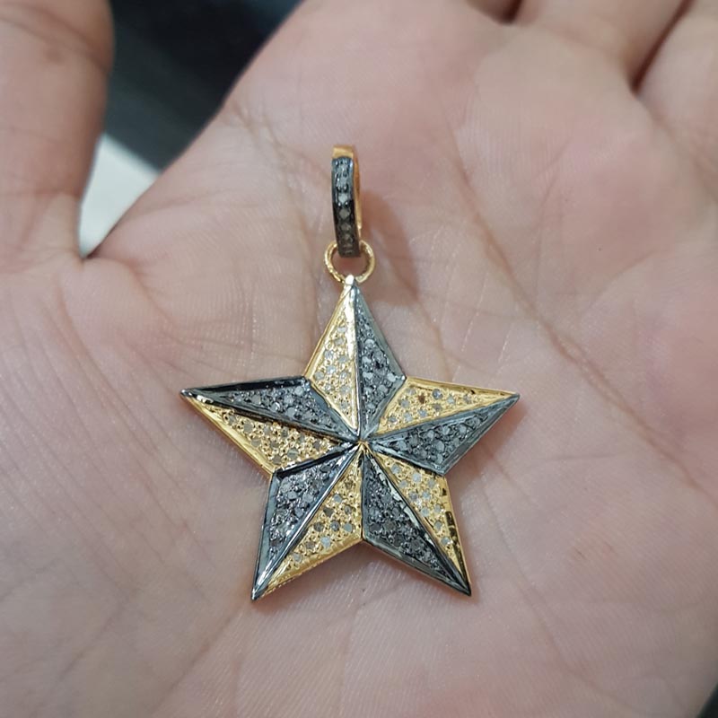 Two Tone Fancy Designer 925 Sterling Silver Pave Diamond Star Pendant