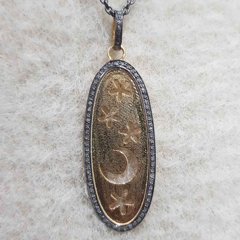 Oval Shaped Pave Diamond In Little Stars And Moon Pendent