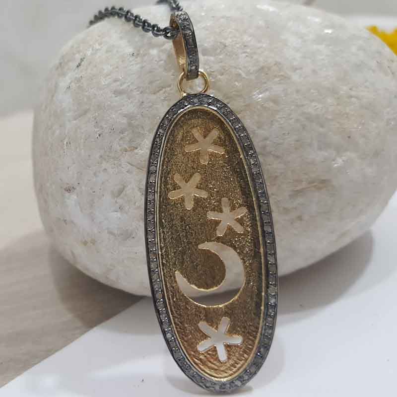 Oval Shaped Pave Diamond In Little Stars And Moon Pendent